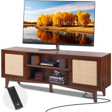 VEVOR Rattan TV Stand for 75in TV, Boho TV Stand with Rattan Door, Entertainment Center with Build-in Socket, Storage Cabinet with 2 Shelves, Modern TV Console for Living Room, Media Room, Walnut