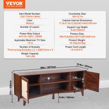 VEVOR Rattan TV Stand for 75in TV, Boho TV Stand with Rattan Door, Entertainment Center with Build-in Socket, Storage Cabinet with 2 Shelves, Modern TV Console for Living Room, Media Room, Walnut