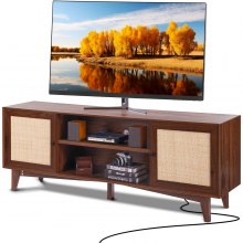 VEVOR Rattan TV Stand for 75in TV, Boho TV Stand with Rattan Door, Entertainment Center with Build-in Socket, Storage Cabinet with 2 Shelves, Modern TV Console for Living Room, Media Room, Walnut