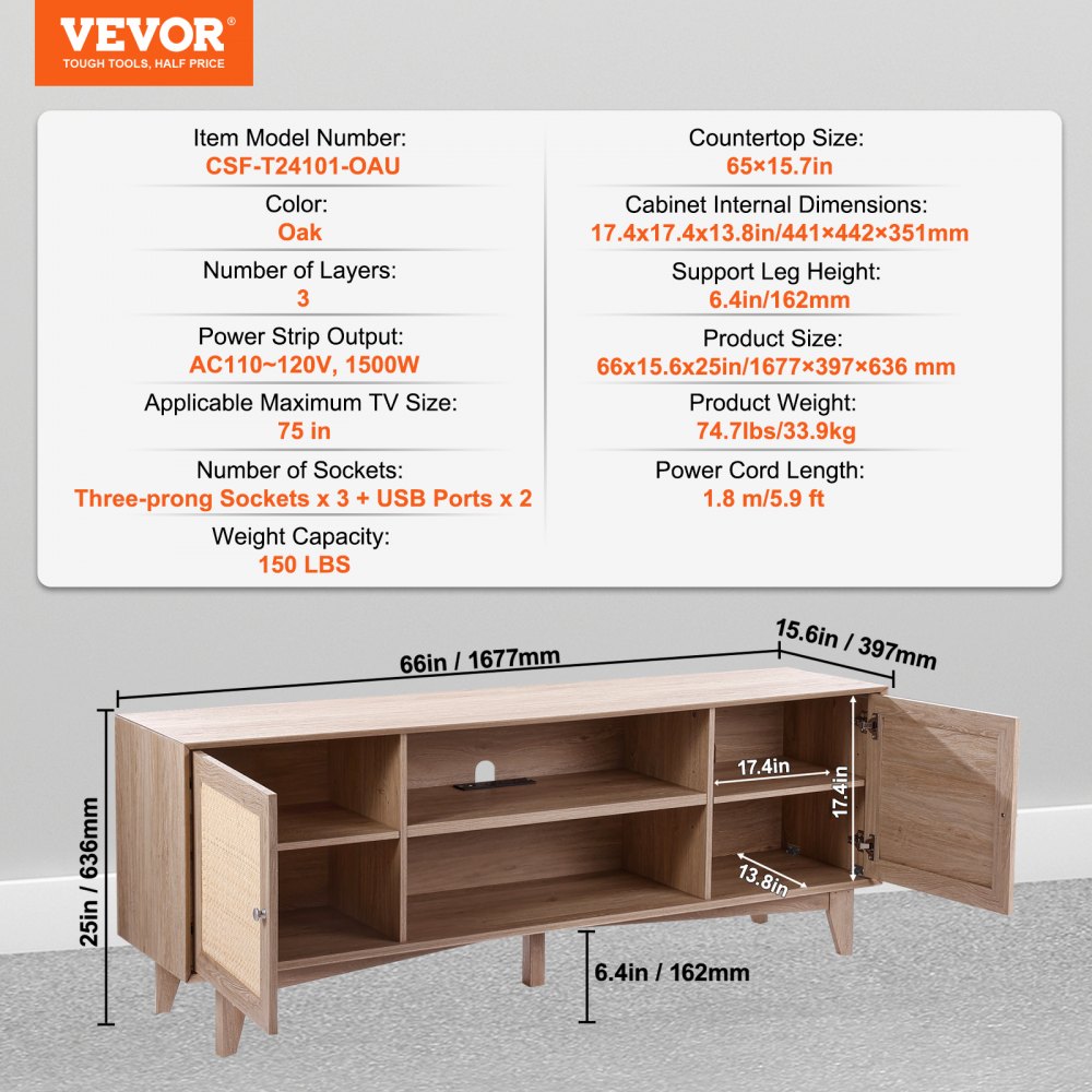 VEVOR Rattan TV Stand, Mid Century Modern TV Stand for 75 inch TV, Boho Rattan TV Cabinet with Build-in Socket and USB Ports, Adjustable Shelfs for Living Room, Media Room, Oak