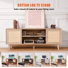 VEVOR Rattan TV Stand, Mid Century Modern TV Stand for 75 inch TV, Boho Rattan TV Cabinet with Build-in Socket and USB Ports, Adjustable Shelfs for Living Room, Media Room, Oak