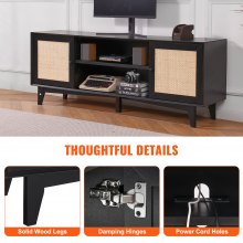 VEVOR Rattan TV Stand for 75in TV, Boho TV Stand with Rattan Door, Entertainment Center with Build-in Socket, Storage Cabinet with 2 Shelves, Modern TV Console for Living Room, Media Room, Black