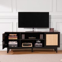 VEVOR Rattan TV Stand for 75in TV, Boho TV Stand with Rattan Door, Entertainment Center with Build-in Socket, Storage Cabinet with 2 Shelves, Modern TV Console for Living Room, Media Room, Black