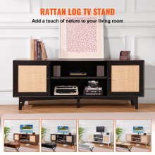 VEVOR Rattan TV Stand for 75in TV, Boho TV Stand with Rattan Door, Entertainment Center with Build-in Socket, Storage Cabinet with 2 Shelves, Modern TV Console for Living Room, Media Room, Black