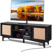 VEVOR Rattan TV Stand for 75in TV, Boho TV Stand with Rattan Door, Entertainment Center with Build-in Socket, Storage Cabinet with 2 Shelves, Modern TV Console for Living Room, Media Room, Black