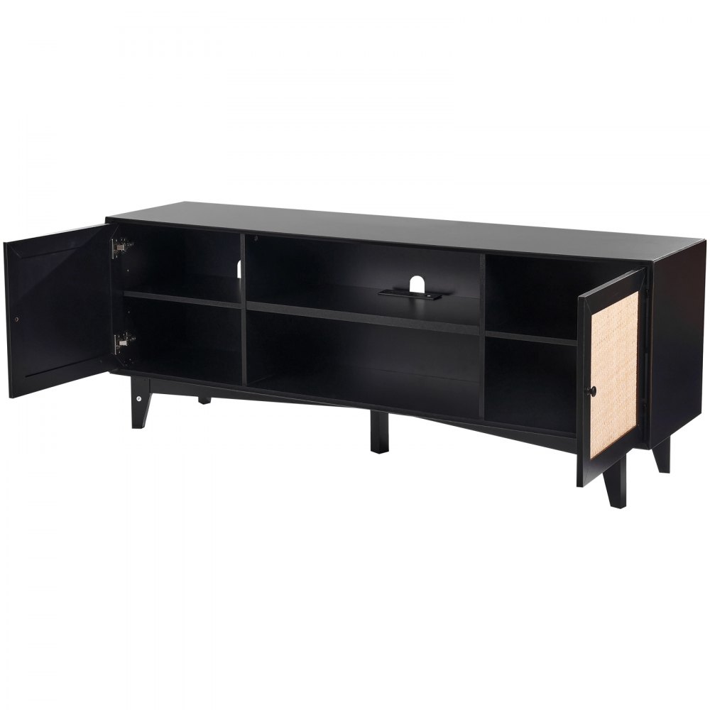 VEVOR Rattan TV Stand for 75in TV, Boho TV Stand with Rattan Door, Entertainment Center with Build-in Socket, Storage Cabinet with 2 Shelves, Modern TV Console for Living Room, Media Room, Black
