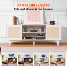 VEVOR Rattan TV Stand for 75in TV, Boho TV Stand with Rattan Door, Entertainment Center with Build-in Socket, Storage Cabinet with 2 Shelves, Modern TV Console for Living Room, Media Room, White
