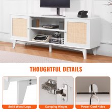 VEVOR Rattan TV Stand for 75in TV, Boho TV Stand with Rattan Door, Entertainment Center with Build-in Socket, Storage Cabinet with 2 Shelves, Modern TV Console for Living Room, Media Room, White