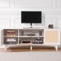 VEVOR Rattan TV Stand for 75in TV, Boho TV Stand with Rattan Door, Entertainment Center with Build-in Socket, Storage Cabinet with 2 Shelves, Modern TV Console for Living Room, Media Room, White