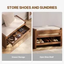 VEVOR Rattan Bench, 30.9" Rattan Shoe Bench, Entryway Bench with Storage Drawer and Linen Seat Cushion, Farmhouse Boho Bench with Hand Woven Rattan, for Entryway, Bedroom, Living Room, Kitchen