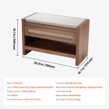 VEVOR Rattan Bench, 30.9" Rattan Shoe Bench, Entryway Bench with Storage Drawer and Linen Seat Cushion, Farmhouse Boho Bench with Hand Woven Rattan, for Entryway, Bedroom, Living Room, Kitchen