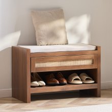 VEVOR Rattan Bench, 30.9" Rattan Shoe Bench, Entryway Bench with Storage Drawer and Linen Seat Cushion, Farmhouse Boho Bench with Hand Woven Rattan, for Entryway, Bedroom, Living Room, Kitchen