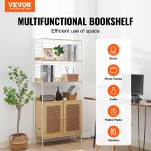 Rattan Bookshelf Ladder Shelf with 2 Doors Rectangle Storage Rack Natural