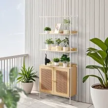 Rattan Bookshelf Ladder Shelf with 2 Doors Rectangle Storage Rack Natural