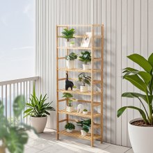 VEVOR 6-Tier Bamboo Shelf, Rattan Shelf, Open Wood Bookshelf, Display Storage Rack Organizer, Freestanding Flower Plant Stand, Multifunctional Bamboo Bookshelf Ideal for Bathroom, Bedroom, Office, Study, Natural