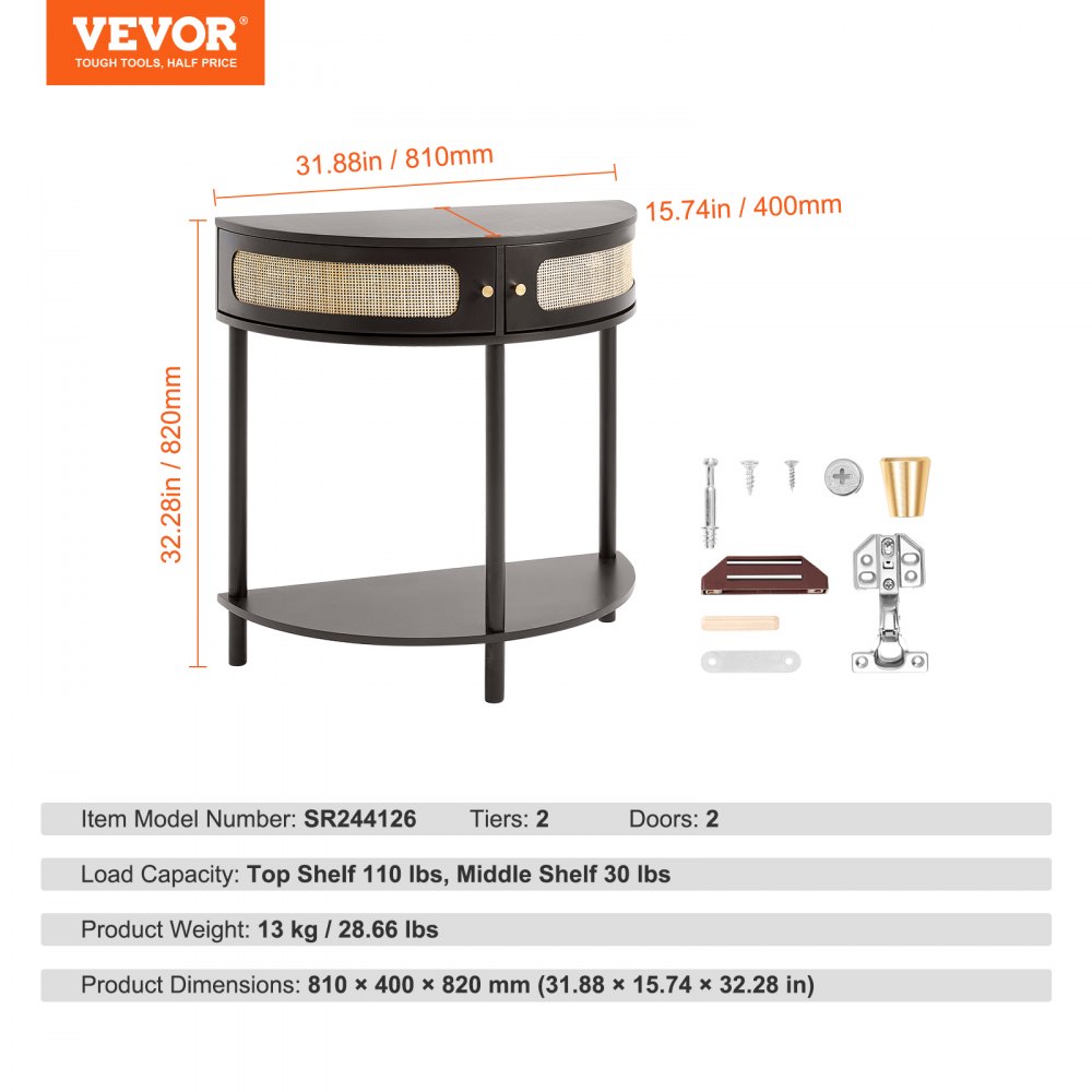 VEVOR Half-moon Rattan Console Table with 2 Drawers, Rattan Entryway Table with Natural Rattan Sliding Door, Console Table with Storage for Living Room, Study, Entryway Or TV Wall, Black