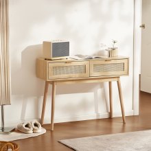 VEVOR Rattan Console Table with 2 Storage Drawers Rattan Sliding Door Natural