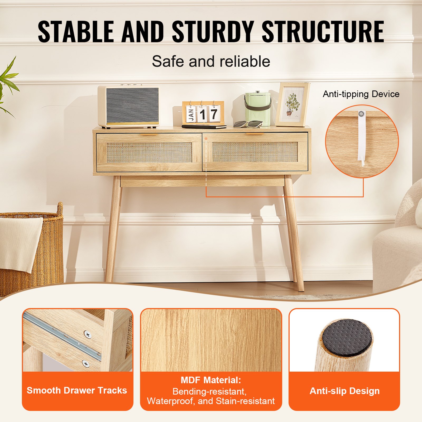 VEVOR Rattan Console Table with 2 Storage Drawers Rattan Sliding Door Natural