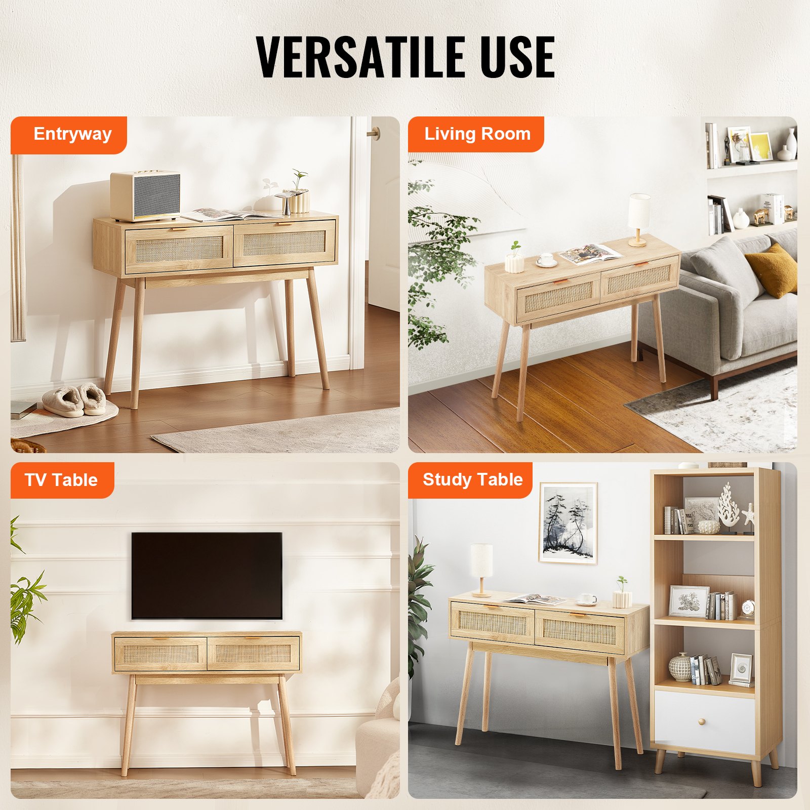 VEVOR Rattan Console Table with 2 Storage Drawers Rattan Sliding Door Natural