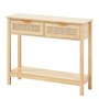 VEVOR Rattan Console Table with 2 Storage Drawers, Rattan Entryway Table with Natural Rattan Sliding Door, Console Sofa Table for Living Room, Study, Entryway Or TV Wall, Natural