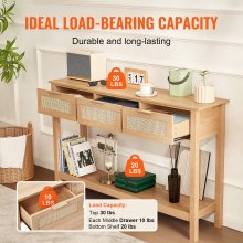 VEVOR Rattan Console Table with 3 Storage Drawers Rattan Sliding Door Natural