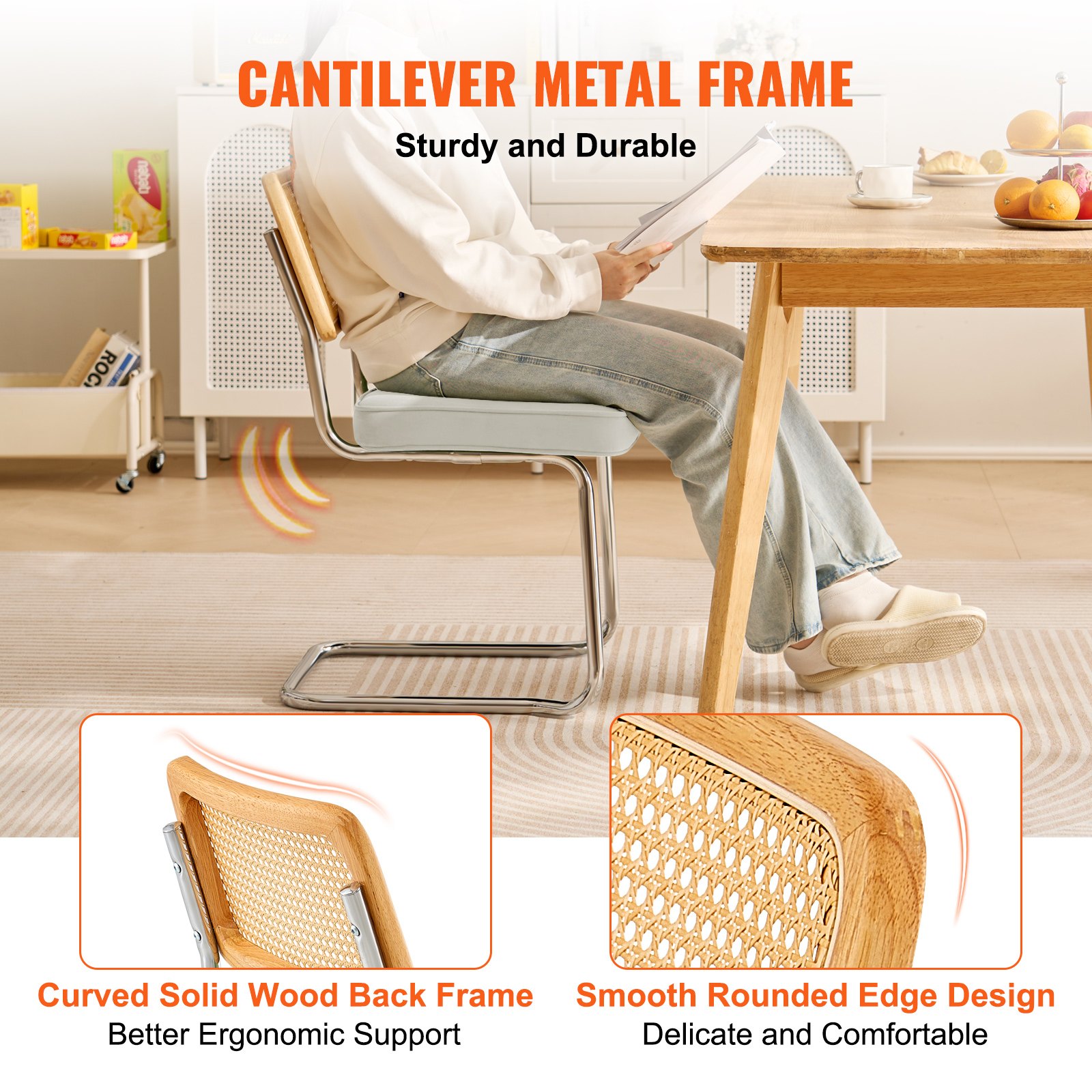 VEVOR Rattan Dining Chairs Set of 2, Mid Century Modern Dining Chair, Upholstered Velvet Accent Chair with Rattan Back, Retro Dining Room Kitchen Chair for Living Room, Bedroom, Office (18.1 Inch)