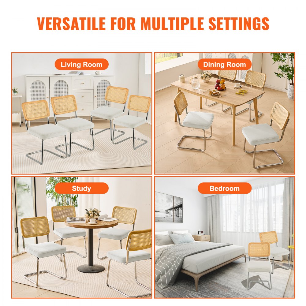 VEVOR Rattan Chairs, Set of 4, Mid Century Modern Dining Chair, Upholstered Velvet Accent Chair with Rattan Back, Retro Dining Room Kitchen Chair for Living Room, Bedroom, Reading Room, Office, White