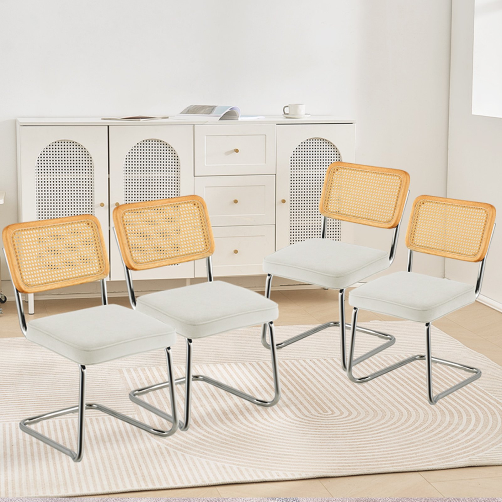 VEVOR Rattan Chairs, Set of 4, Mid Century Modern Dining Chair, Upholstered Velvet Accent Chair with Rattan Back, Retro Dining Room Kitchen Chair for Living Room, Bedroom, Reading Room, Office, White