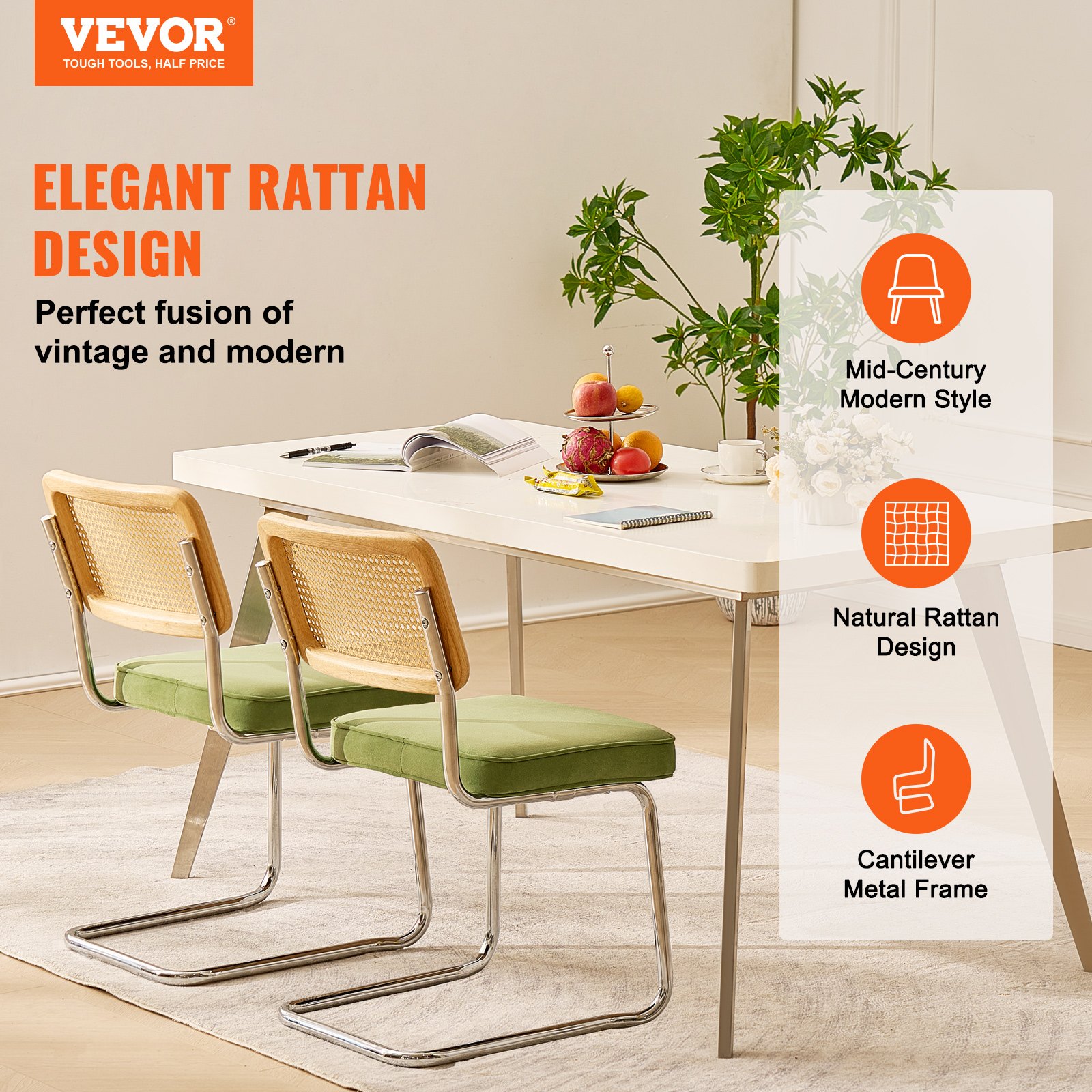 VEVOR Rattan Chairs, Set of 2, Mid Century Modern Dining Chair, Upholstered Velvet Accent Chair with Rattan Back, Retro Dining Room Kitchen Chair for Living Room, Bedroom, Reading Room, Office, Green