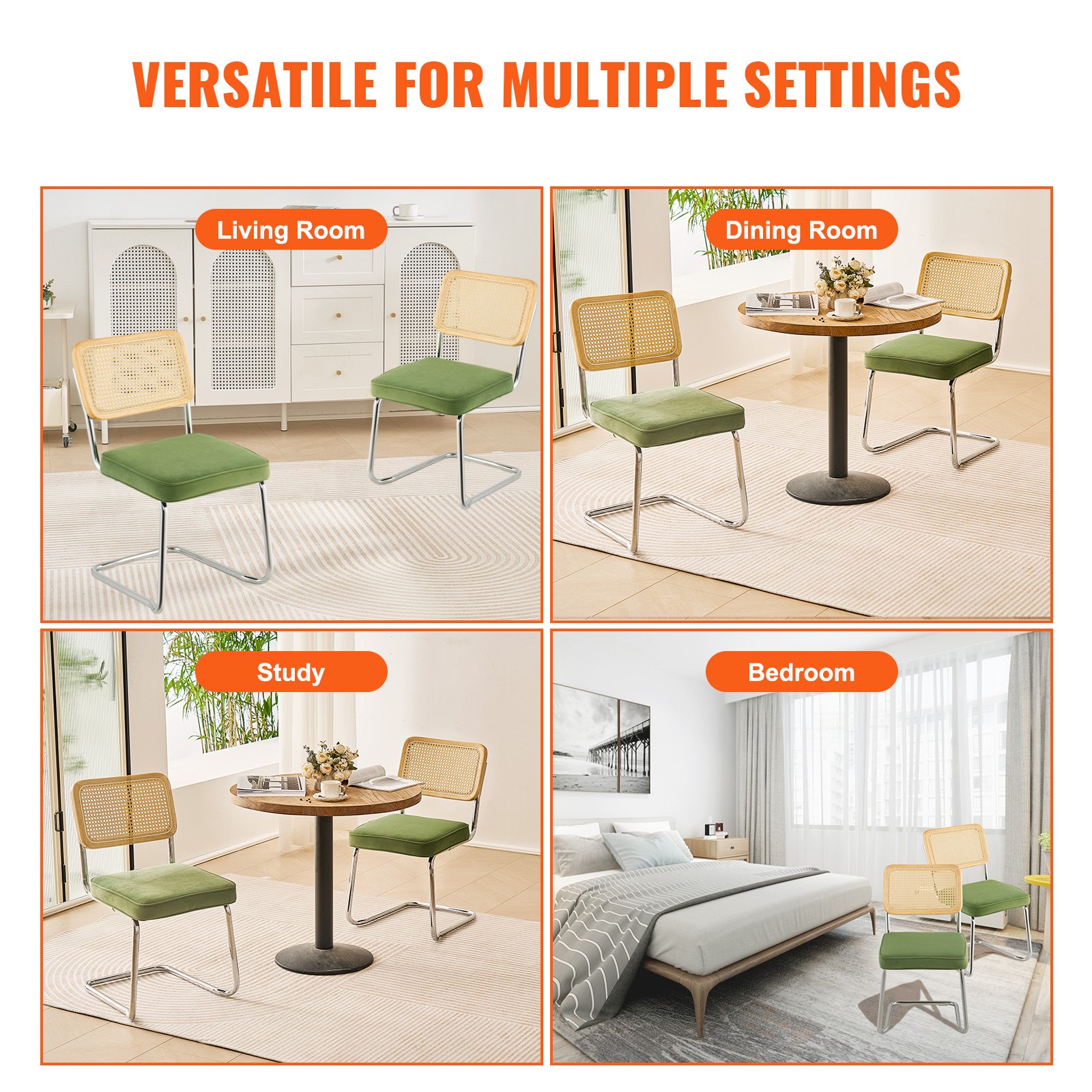 VEVOR Rattan Chairs, Set of 2, Mid Century Modern Dining Chair, Upholstered Velvet Accent Chair with Rattan Back, Retro Dining Room Kitchen Chair for Living Room, Bedroom, Reading Room, Office, Green