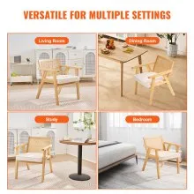VEVOR Mid Century Modern Rattan Chair, Upholstered Velvet Accent Chair with Rattan Back, Retro Living Room Chair for Living Room, Bedroom, Reading Room, and Office, Beige