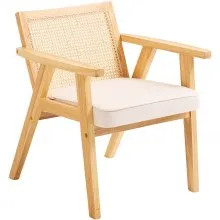 VEVOR Mid Century Modern Rattan Chair, Upholstered Velvet Accent Chair with Rattan Back, Retro Living Room Chair for Living Room, Bedroom, Reading Room, and Office, Beige