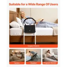 VEVOR Bed Rail for Elderly, Bedside Assist Rails with Supporting Leg and PU Handrail, Adjustable Height Carbon Steel Pipe Bedside Cane, Bed Bars for Seniors & Patients, Fits King, Queen, Full, Twin