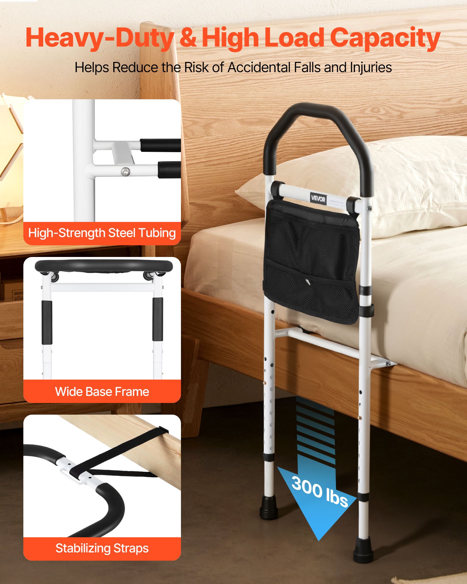 VEVOR Bed Rail for Elderly, Bedside Assist Rails with Supporting Leg and PU Handrail, Adjustable Height Carbon Steel Pipe Bedside Cane, Bed Bars for Seniors & Patients, Fits King, Queen, Full, Twin