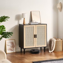 Rattan Cabinet Storage with 2 Magnetic Doors and Adjustable Shelves Black