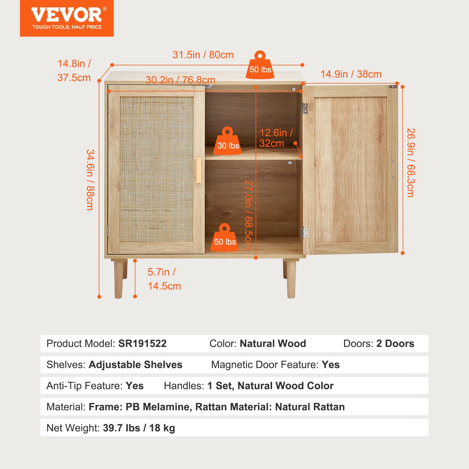 VEVOR Rattan Cabinet, Rattan Storage Cabinet with 2 Magnetic Doors and Adjustable Shelves, Sideboard Buffet Cabinet for Hallway, Entryway, Living Room, or Kitchen, Natural