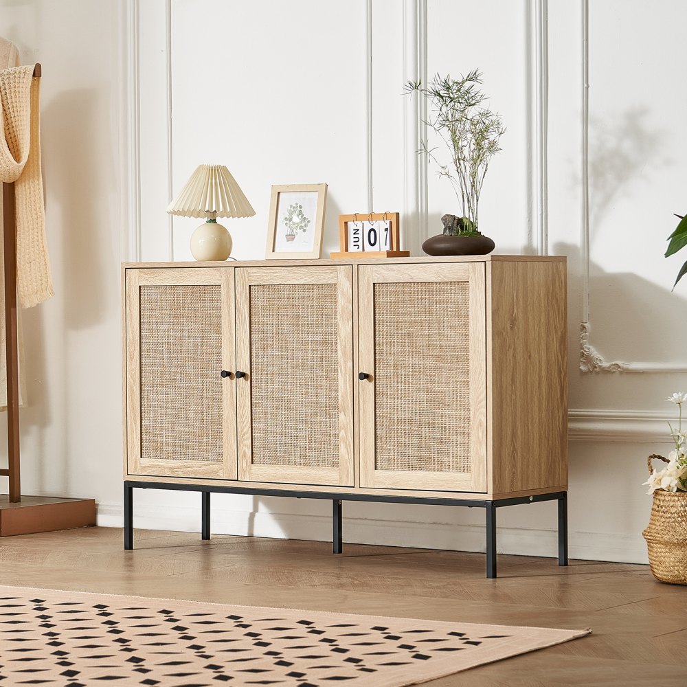 VEVOR Rattan Cabinet Storage with 3 Magnetic Doors & Adjustable Shelves Natural