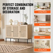 VEVOR Rattan Cabinet, Rattan Storage Cabinet 47inch with 3 Magnetic Doors and Adjustable Shelves, Sideboard Buffet Cabinet for Hallway, Entryway, Living Room, or Kitchen, Natural