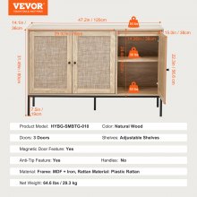 VEVOR Rattan Cabinet, Rattan Storage Cabinet 47inch with 3 Magnetic Doors and Adjustable Shelves, Sideboard Buffet Cabinet for Hallway, Entryway, Living Room, or Kitchen, Natural