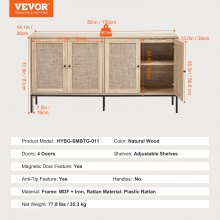 VEVOR Rattan Cabinet, Rattan Storage Cabinet 59inch with 4 Magnetic Doors and Adjustable Shelves, Sideboard Buffet Cabinet for Hallway, Entryway, Living Room, or Kitchen, Natural