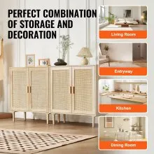 VEVOR Rattan Cabinet, Set of 2, Rattan Storage Cabinet with 4 Magnetic Doors and Adjustable Shelves, Sideboard Buffet Cabinet for Hallway, Entryway, Living Room, or Kitchen, Natural