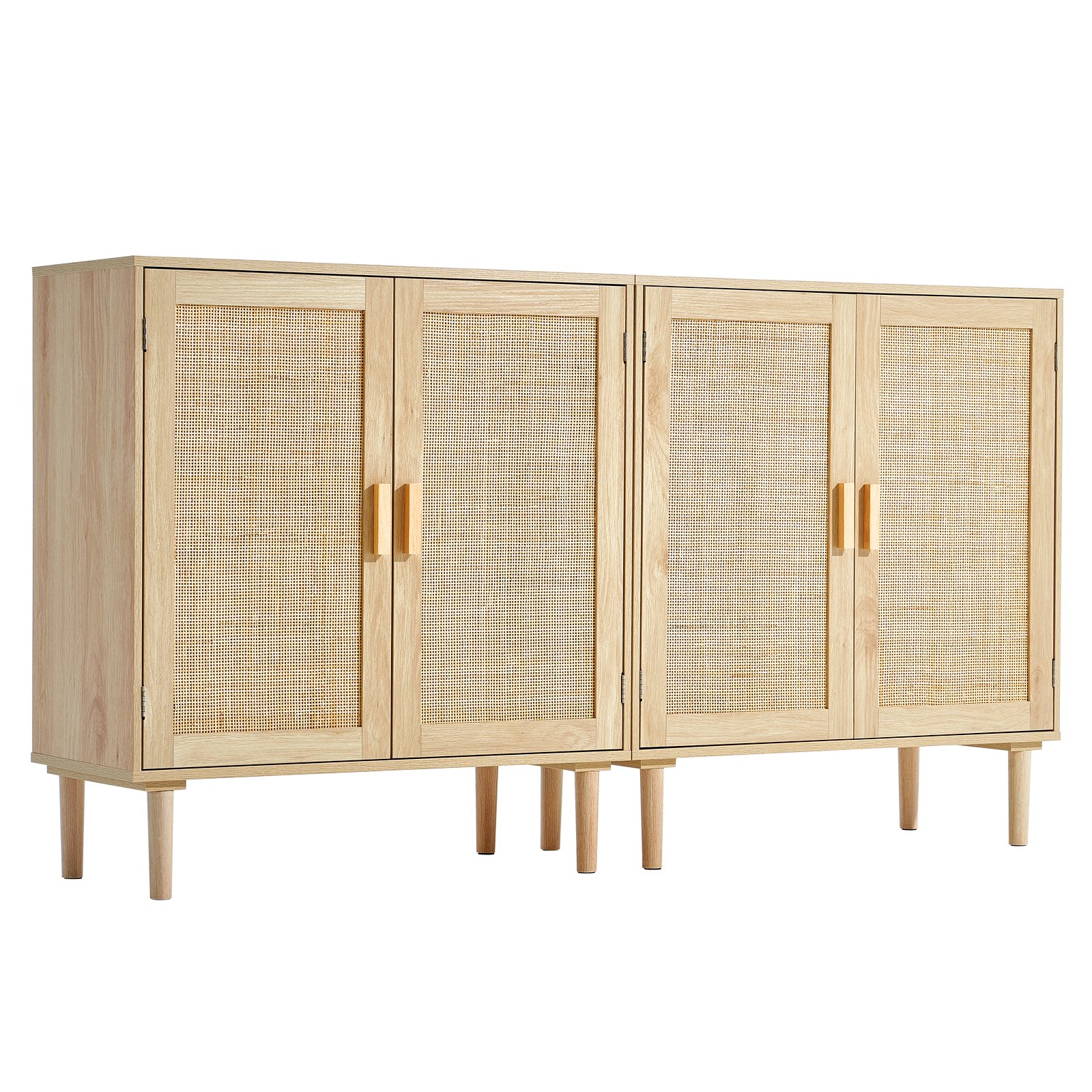 VEVOR Rattan Cabinet, Set of 2, Rattan Storage Cabinet with 4 Magnetic Doors and Adjustable Shelves, Sideboard Buffet Cabinet for Hallway, Entryway, Living Room, or Kitchen, Natural