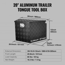 VEVOR Trailer Tongue Box, Aluminum Alloy Diamond Plate Tongue Box Tool Chest, Heavy Duty Trailer Box Storage with Lock and Keys, Utility Trailer Tongue Box for Pickup Truck, RV, Trailer, 39"x16.5"x12"