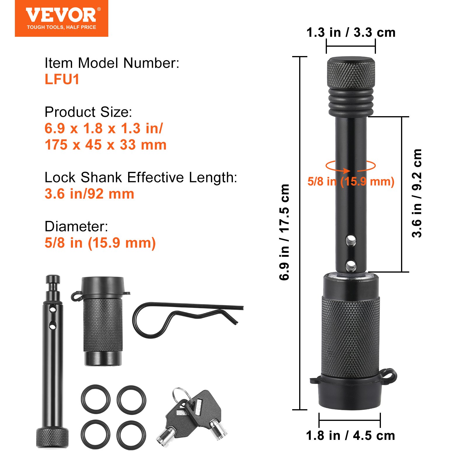 VEVOR Trailer Hitch Lock, 5/8-inch Diameter, Locking Receiver Pin with 2 Keys and 4 O-Rings, Weatherproof Anti-Theft Tow Lockable Pin with Dust, Mud & Gunk Protection, Fits for Truck, Boat, Bike, Car
