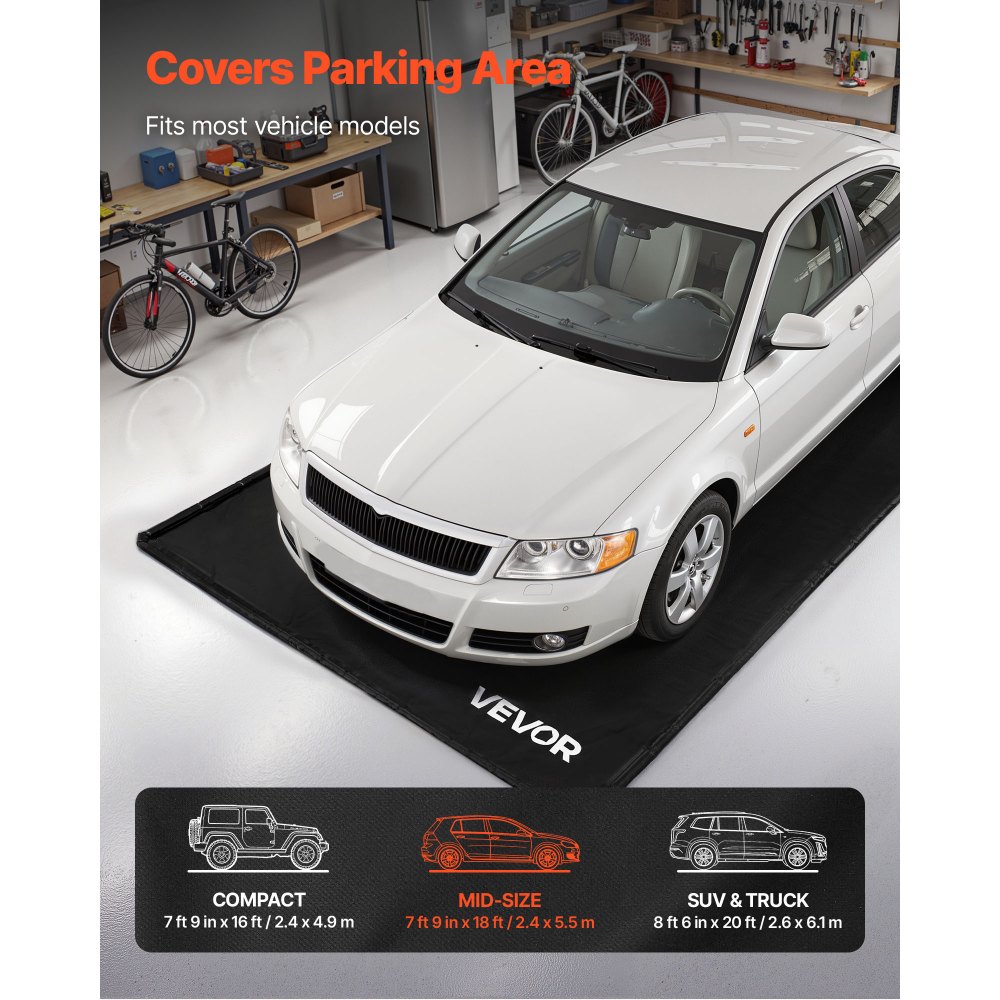 VEVOR Containment Mat, 7 ft 9 in x 18 ft, Non-Slip PVC Garage Floor Mat with a Cleaning Squeegee, Heavy Duty Durable Waterproof Containment Protection from Snow, Rain and Mud for Cars Parking, Black