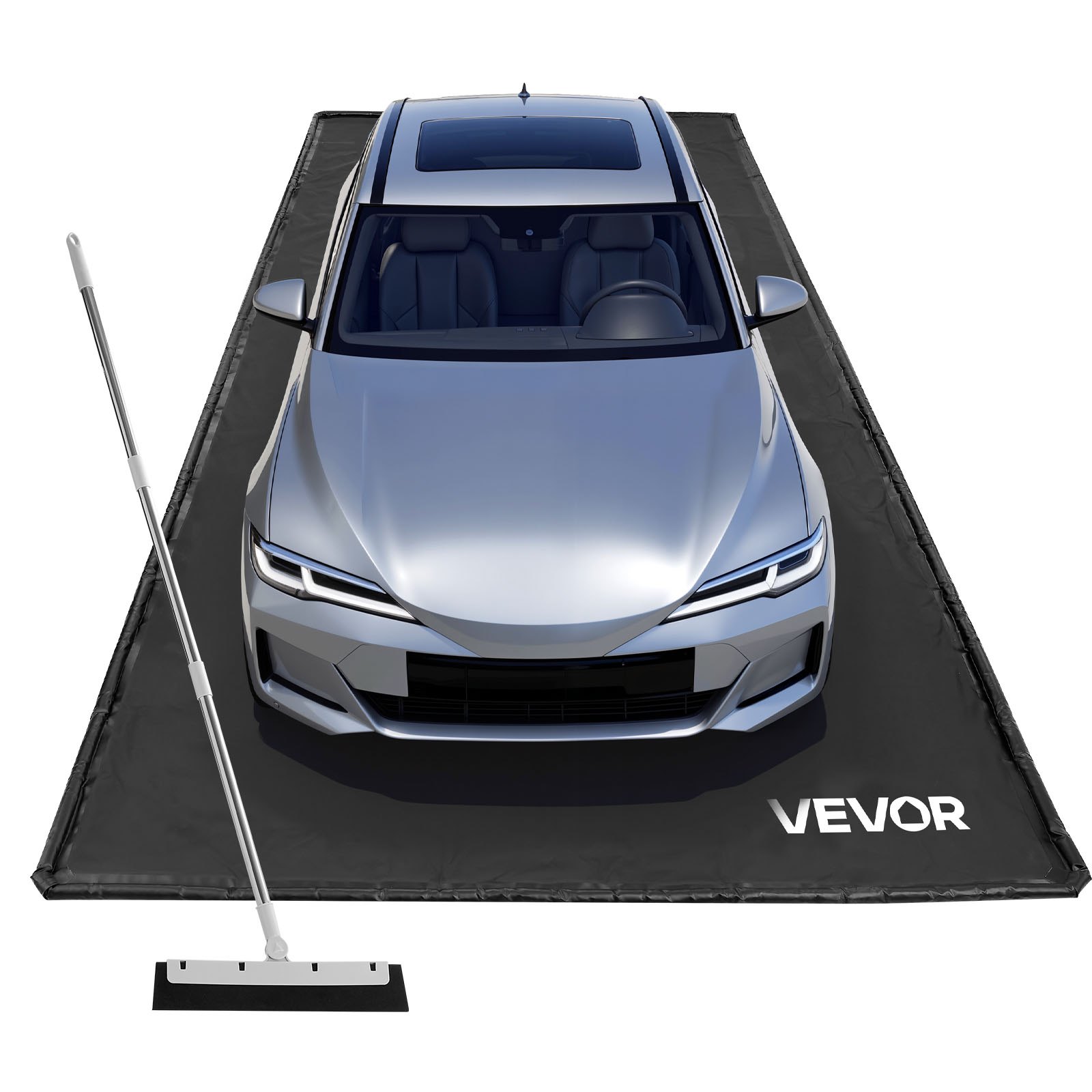 VEVOR Containment Mat, 7 ft 9 in x 18 ft, Non-Slip PVC Garage Floor Mat with a Cleaning Squeegee, Heavy Duty Durable Waterproof Containment Protection from Snow, Rain and Mud for Cars Parking, Black
