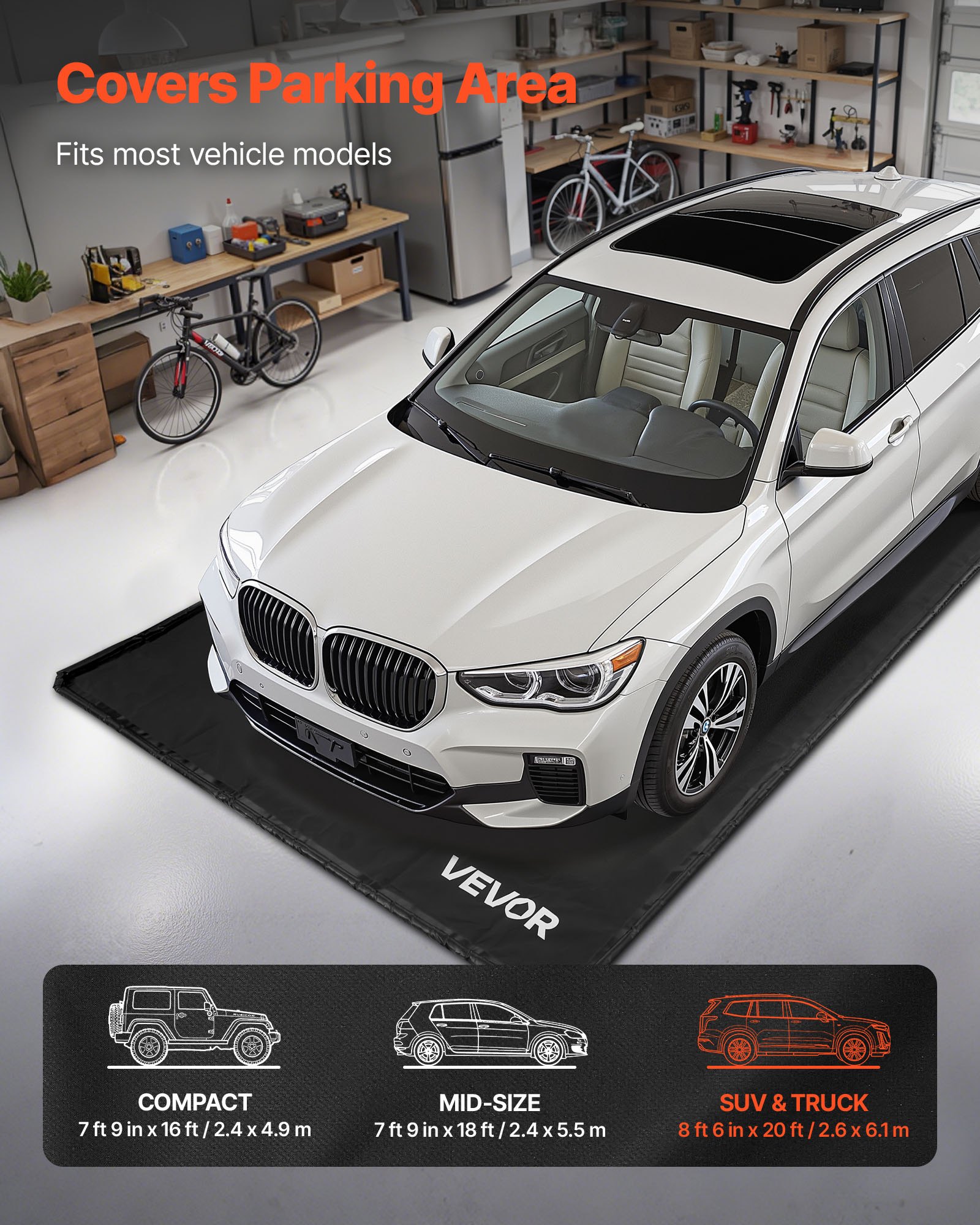 VEVOR Containment Mat, 8 ft 6 in x 20 ft, Non-Slip PVC Garage Floor Mat with a Cleaning Squeegee, Heavy Duty Durable Waterproof Protection from Snow, Rain and Mud for Cars SUVs Trucks Parking, Black