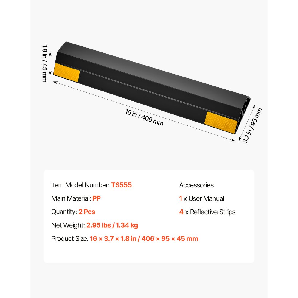 VEVOR Parking Stopper, 406 mm 2 Pcs Heavy Duty Parking Aid for Garage, PP Curb Garage Floor Stopper with Reflective Strips, Vehicles Gadgets for Cars Vans Trucks Tire Wheel Guide Block Stops Bumpers