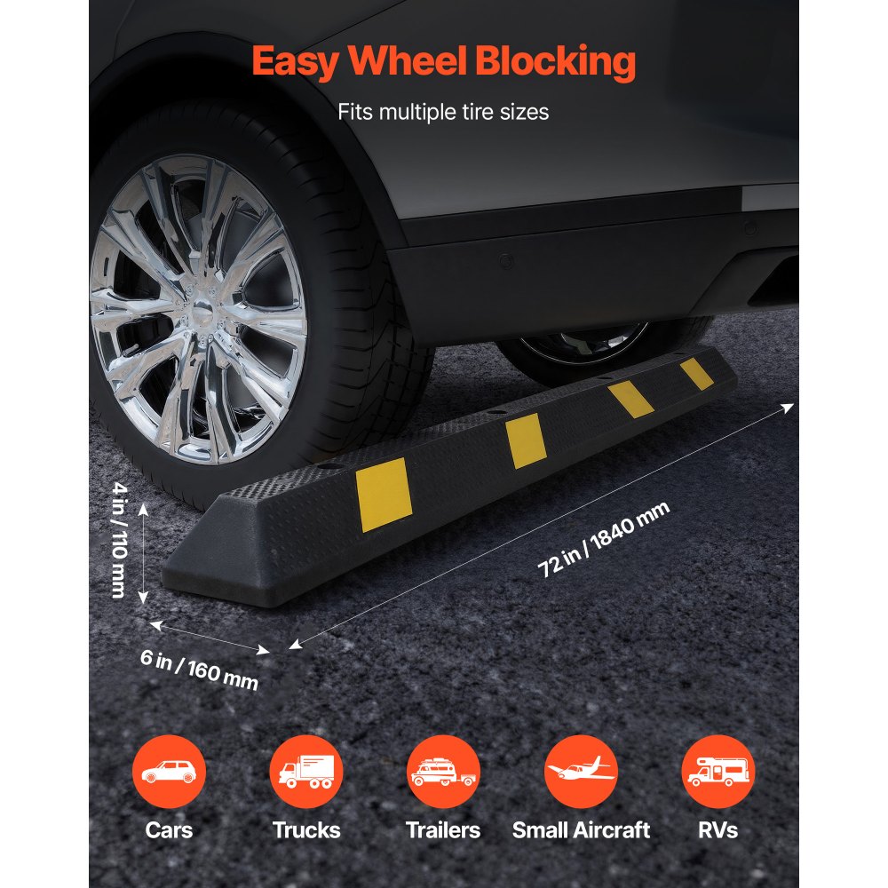 VEVOR Parking Stopper, 72 Inch Heavy Duty Parking Aid for Garage, Rubber Curb Garage Floor Stopper with Reflective Strips, Vehicles Gadgets for Cars Vans Trucks Tire Wheel Guide Block Stops Bumpers