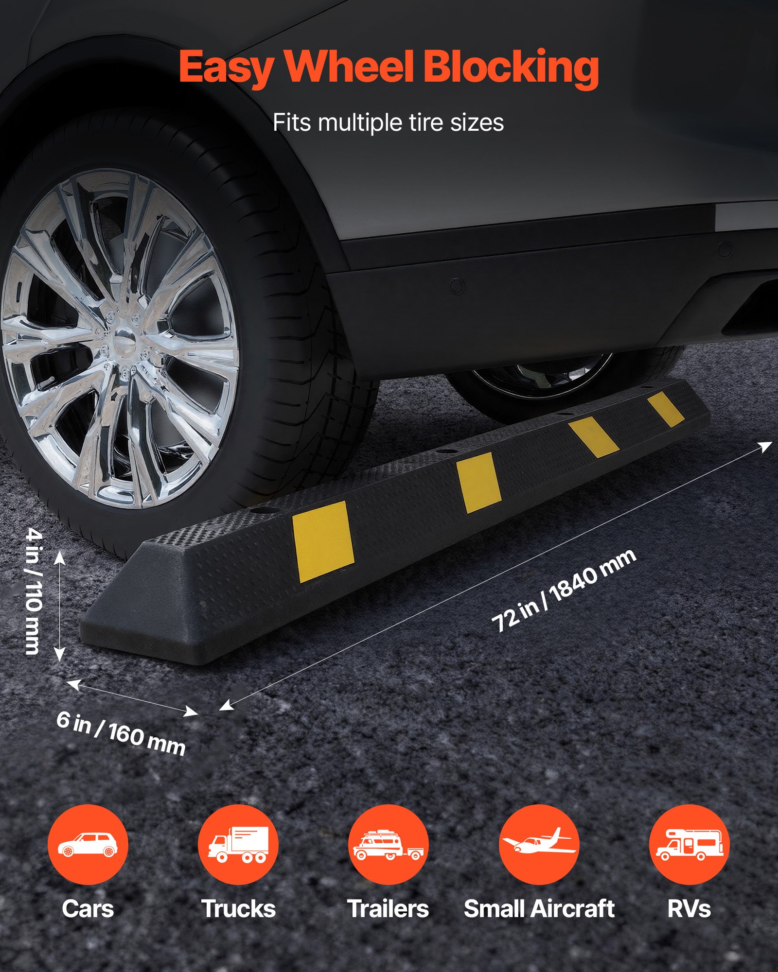 VEVOR Parking Stopper, 72 Inch Heavy Duty Parking Aid for Garage, Rubber Curb Garage Floor Stopper with Reflective Strips, Vehicles Gadgets for Cars Vans Trucks Tire Wheel Guide Block Stops Bumpers